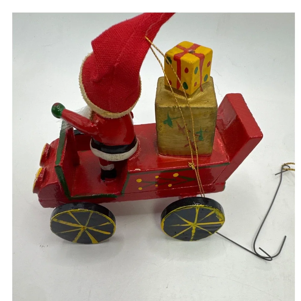 Vintage Wooden Christmas Ornaments Santa in Red‎ Car and Goose with Plaid Scarf